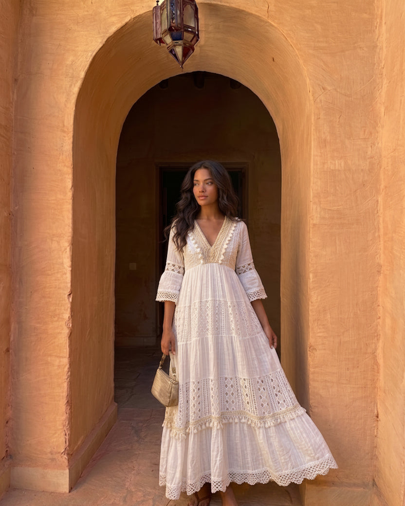 Maxi Abito in Misto Cotone con Inserti in Pizzo