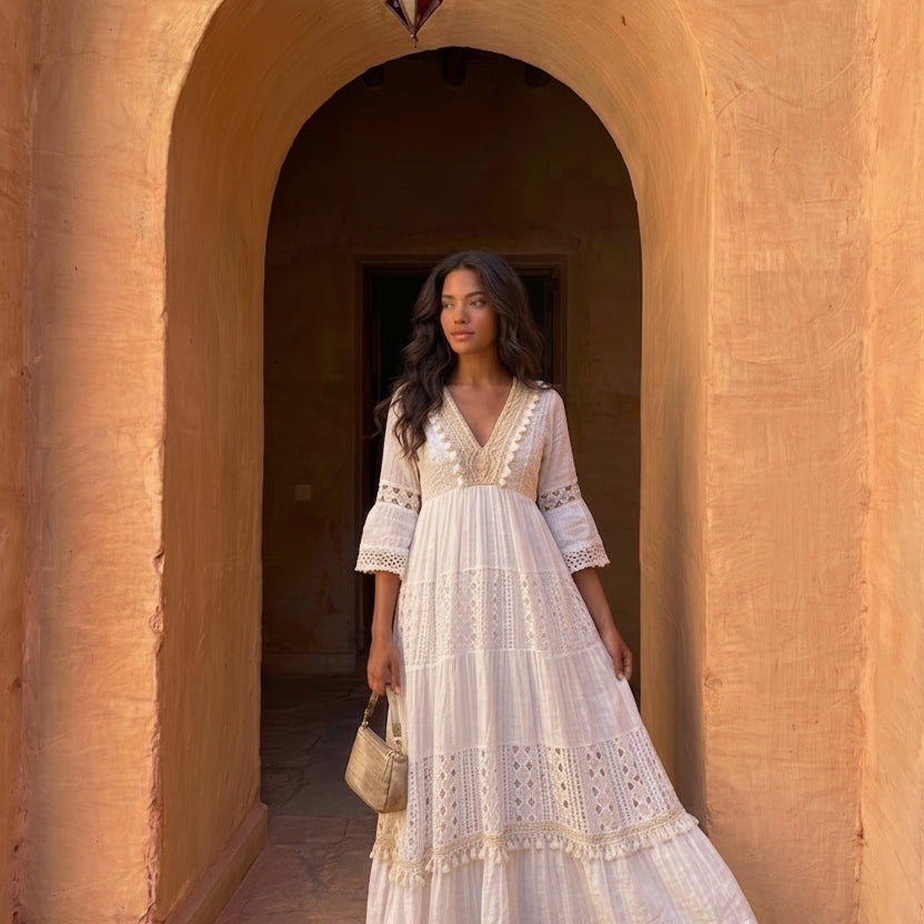 Maxi Abito in Misto Cotone con Inserti in Pizzo