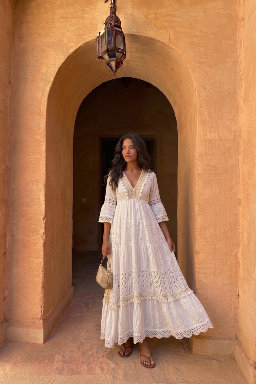 Maxi Abito in Misto Cotone con Inserti in Pizzo