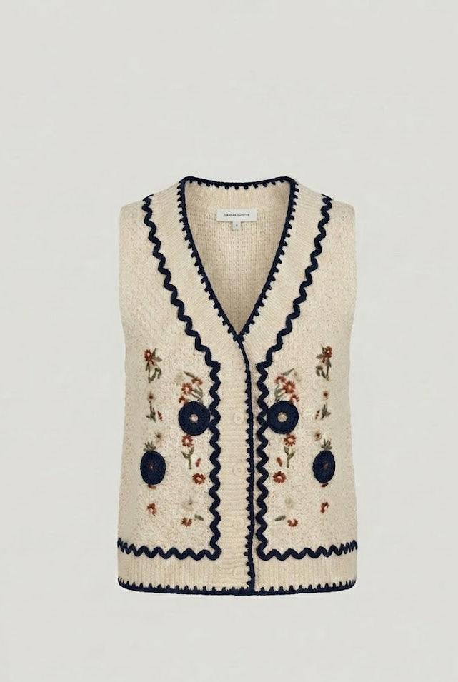 Gilet in Maglia Panna e Blu con Ricami