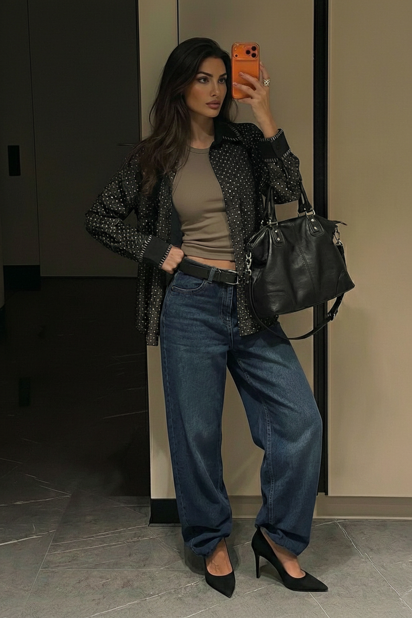 Camicia Nera Micro-Pois