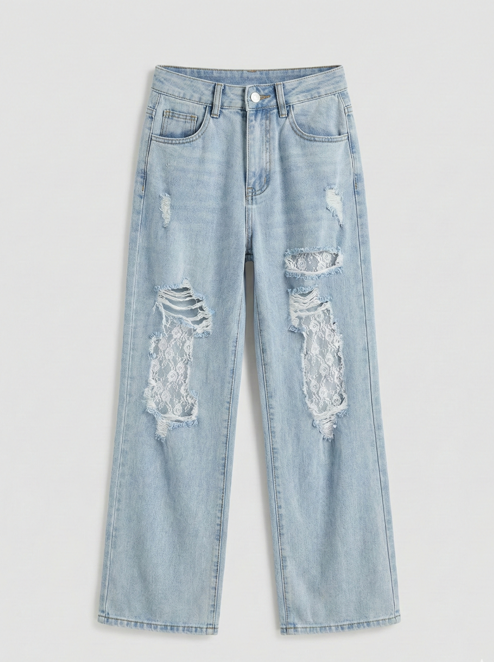 Jeans Straight in Denim Chiaro Ripped con Pizzo