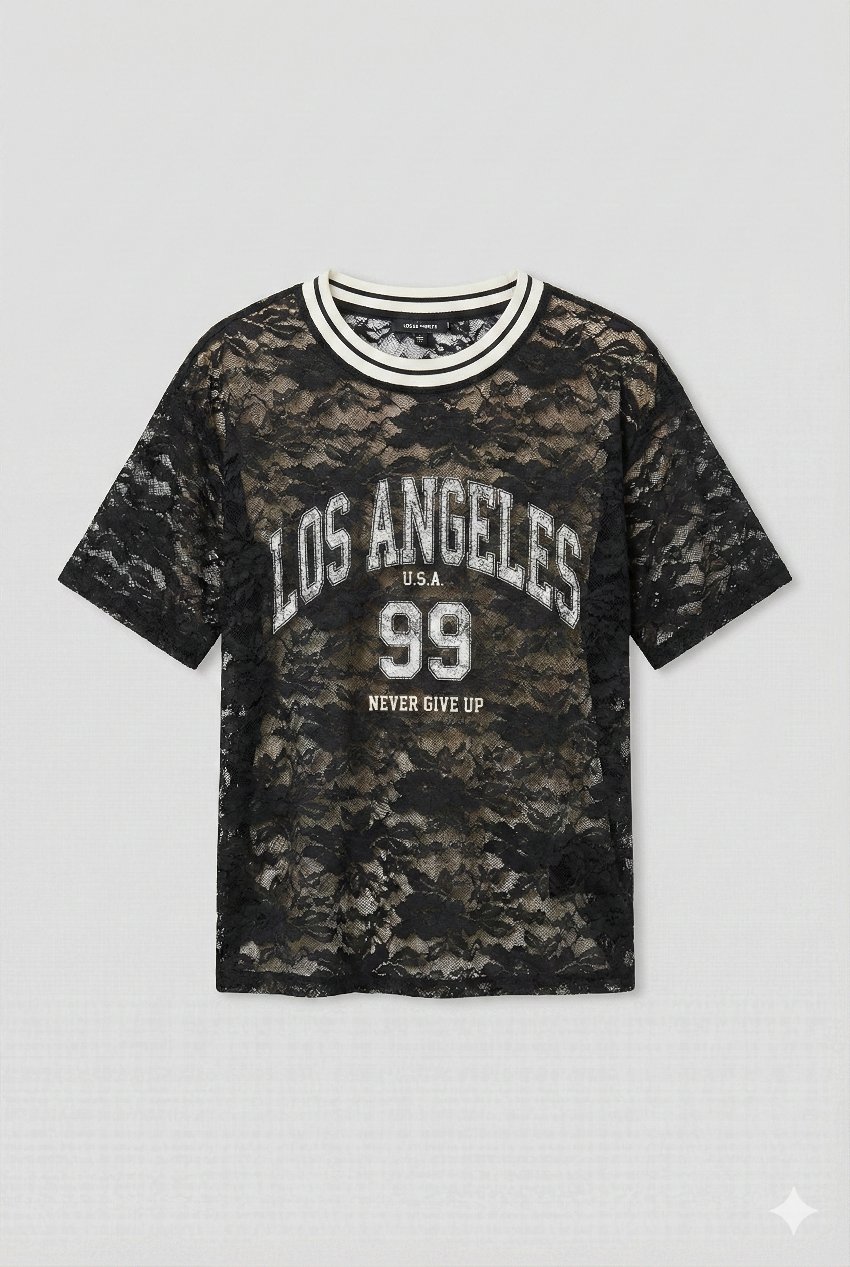 T-shirt in Pizzo Nero con Stampa College