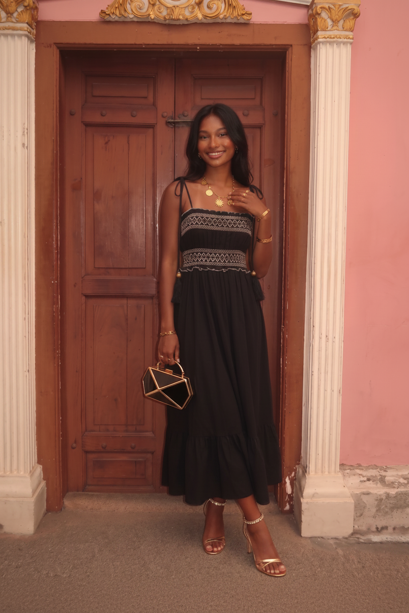 Maxi Abito Nero con Spalline a Nappina