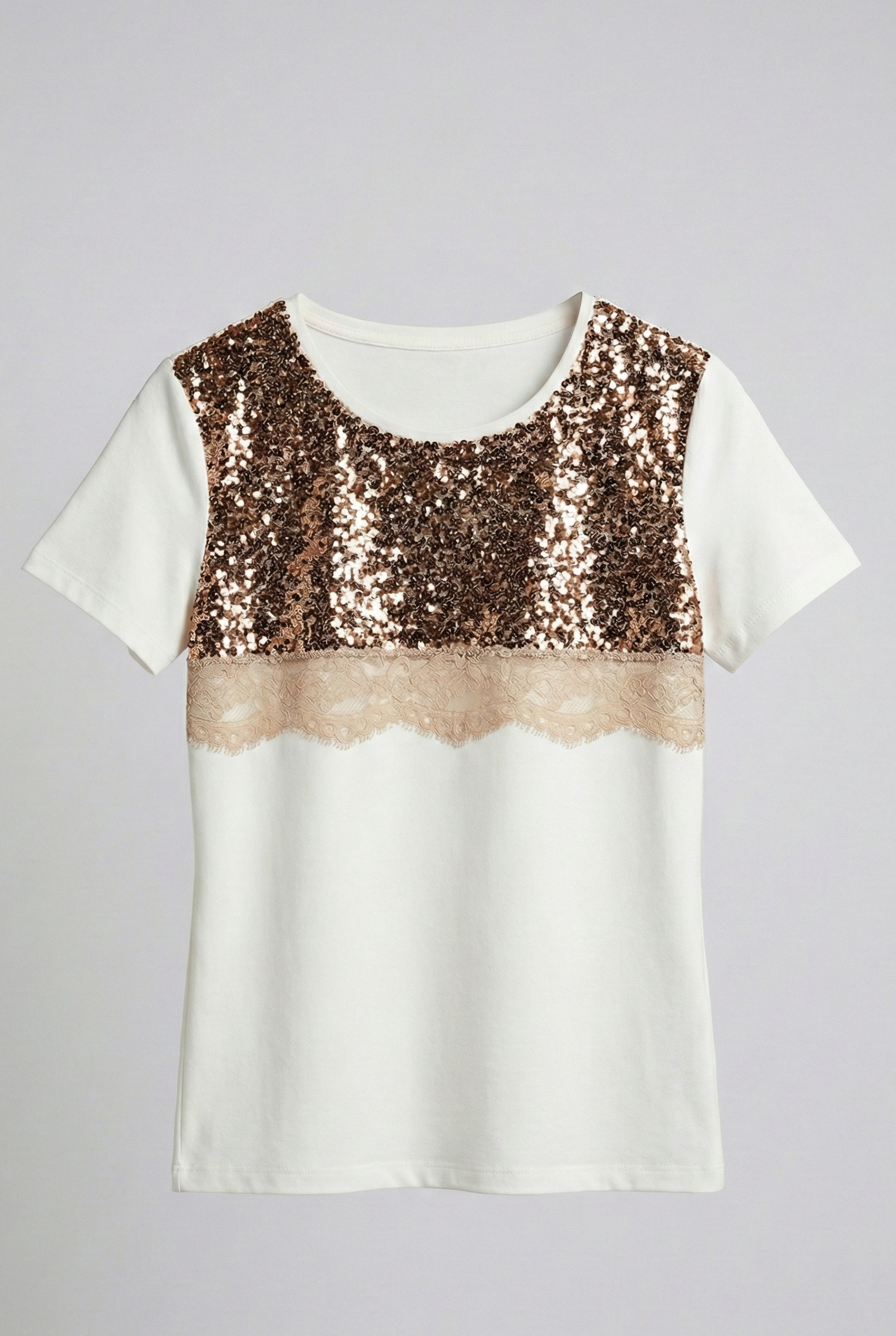 T-shirt Bianca con Paillettes Bronzo e Pizzo