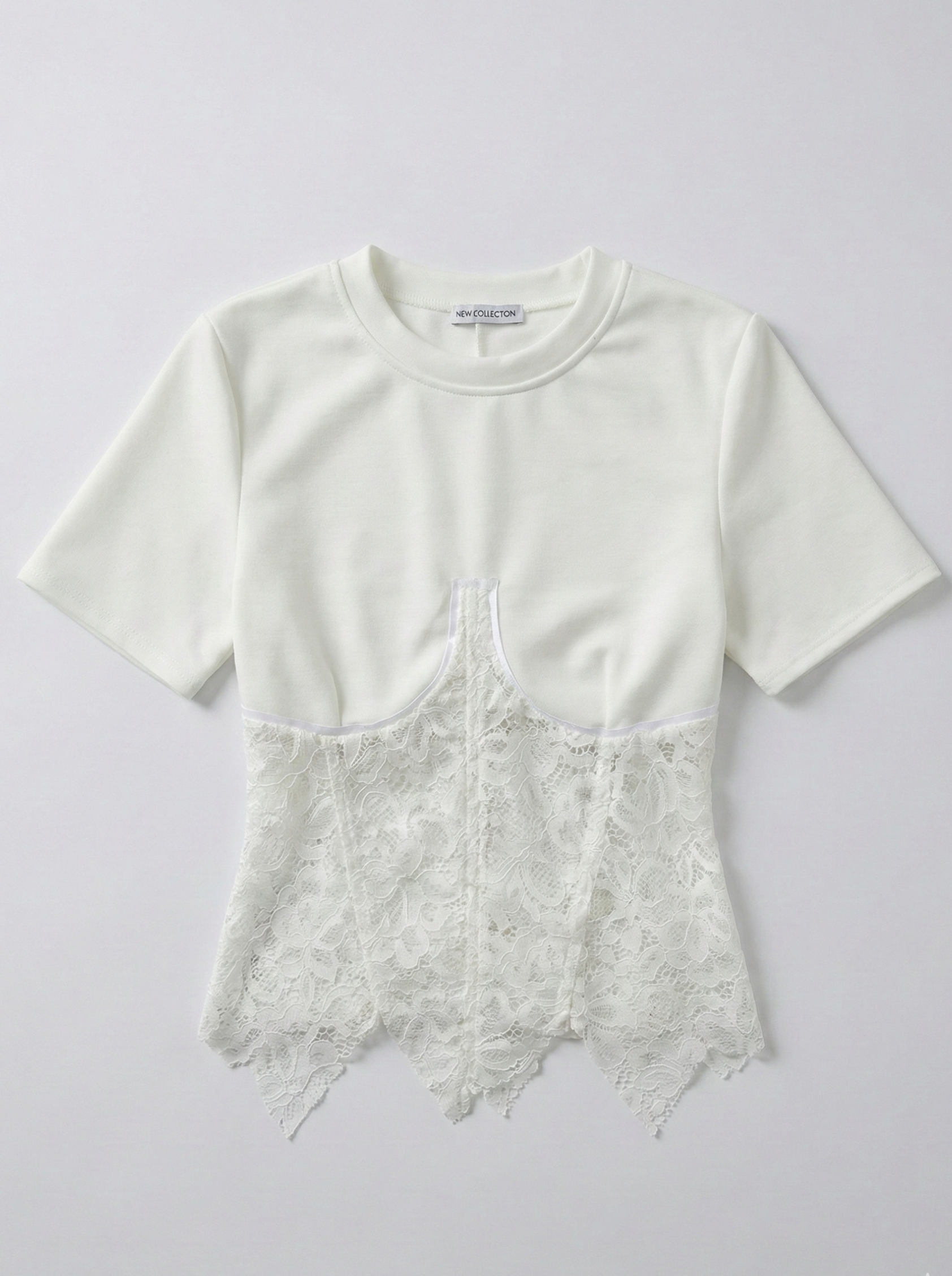 T-shirt Bianca a Maniche Corte con Inserto in Pizzo