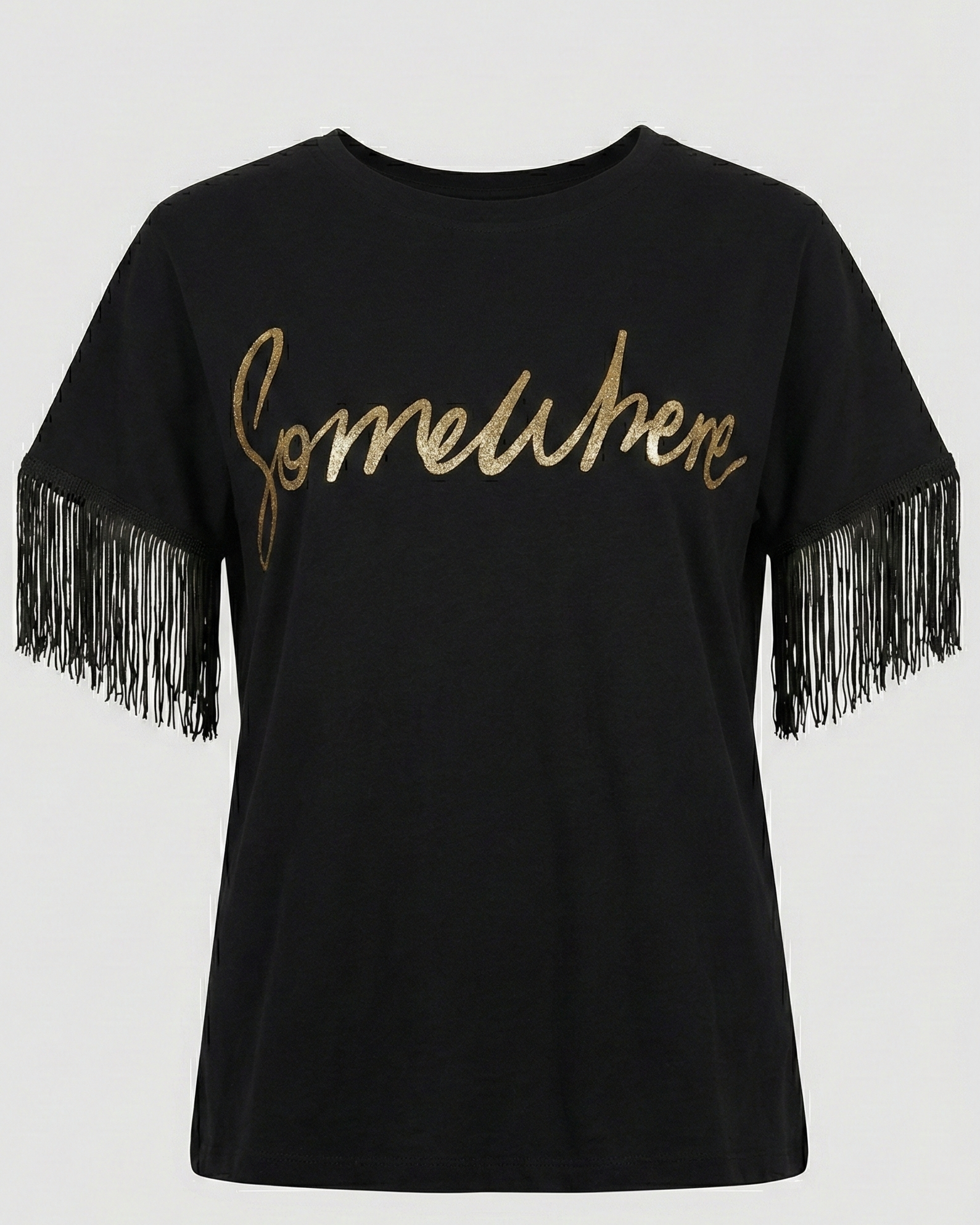 T-shirt Nera "Somewhere" con Scritta Oro e Frange