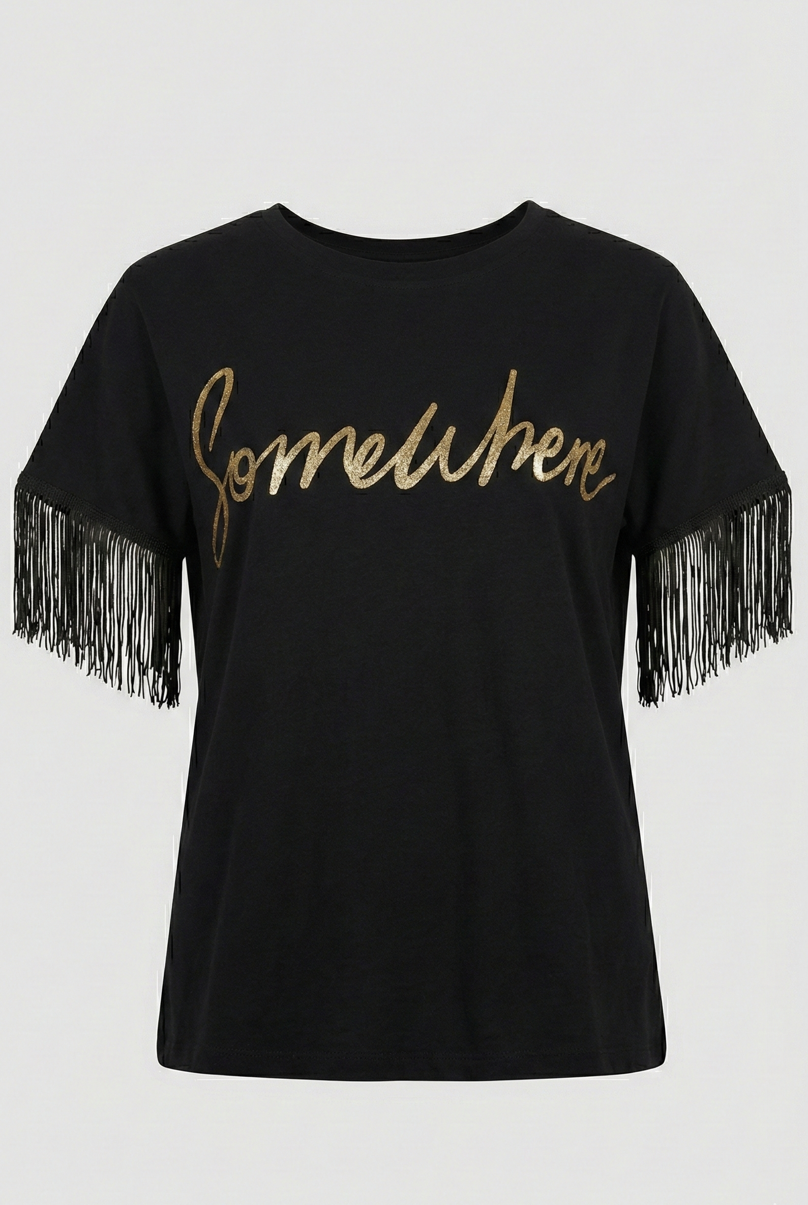 T-shirt Nera "Somewhere" con Scritta Oro e Frange