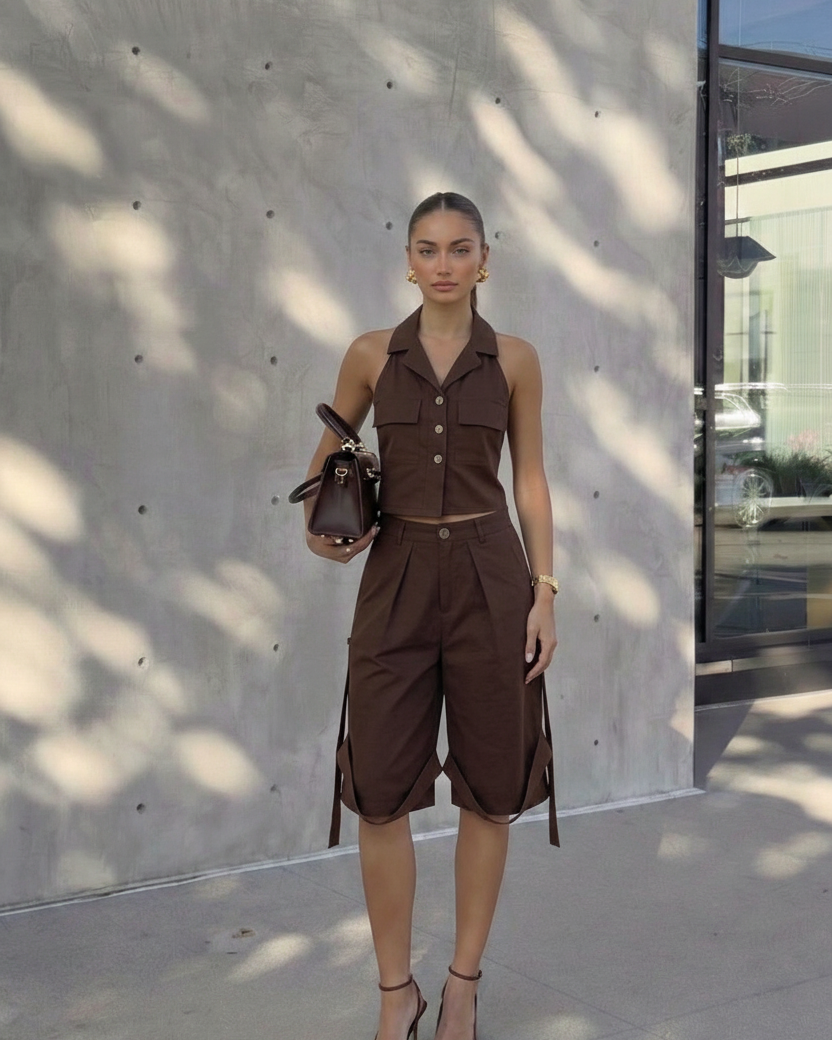 Completo Coordinato Marrone con Top a Gilet e Bermuda