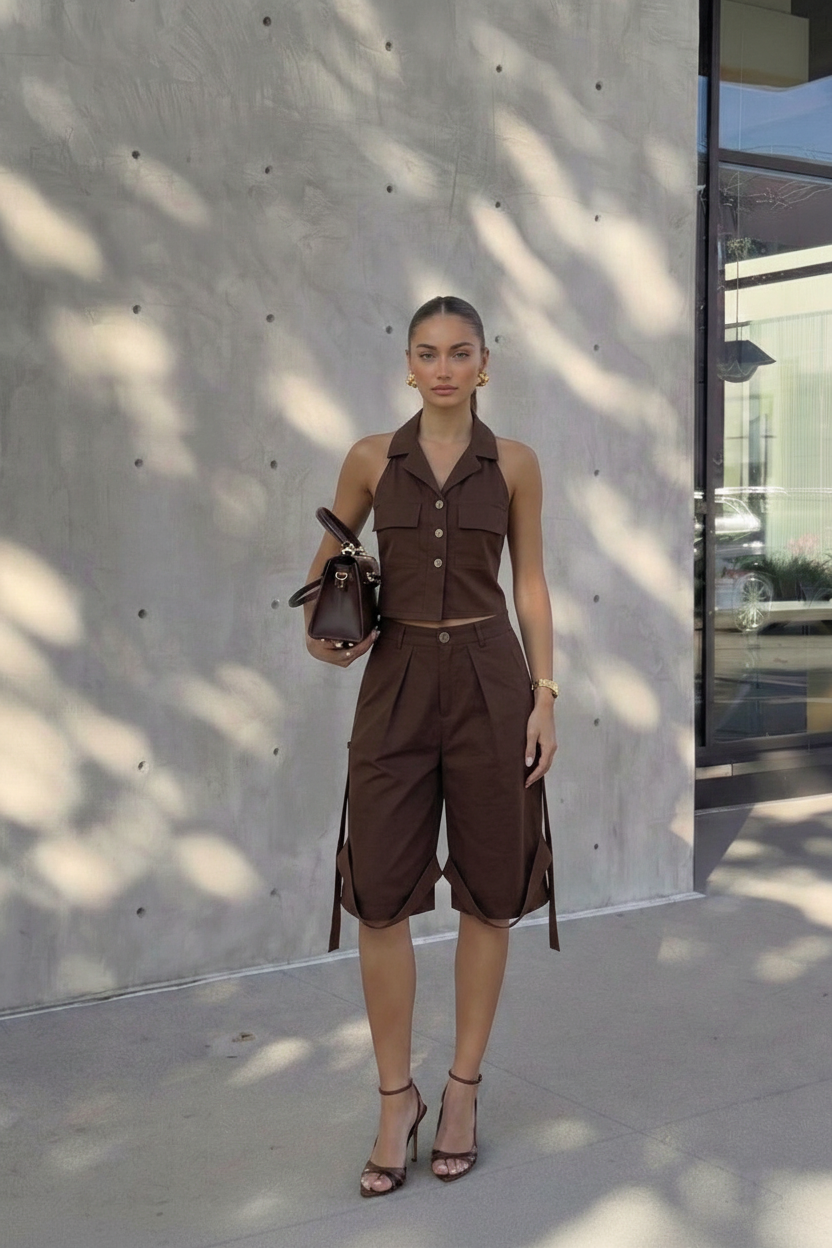 Completo Coordinato Marrone con Top a Gilet e Bermuda