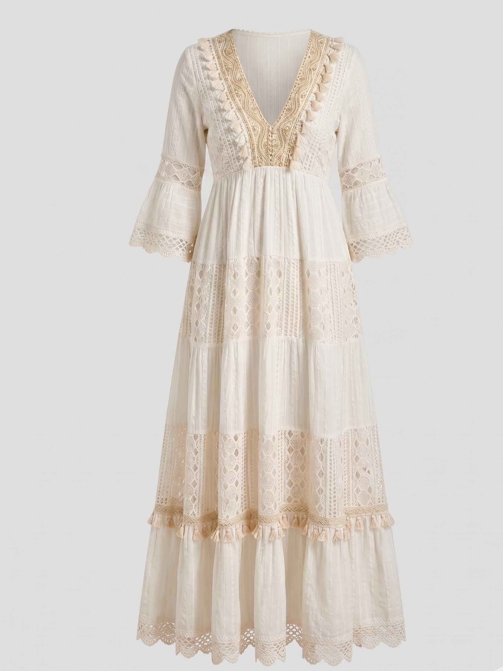 Maxi Abito in Misto Cotone con Inserti in Pizzo