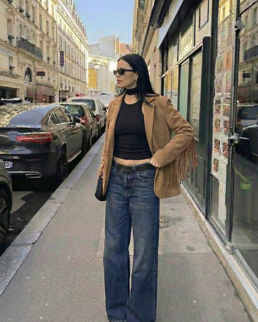 Blazer Effetto Camoscio con Frange