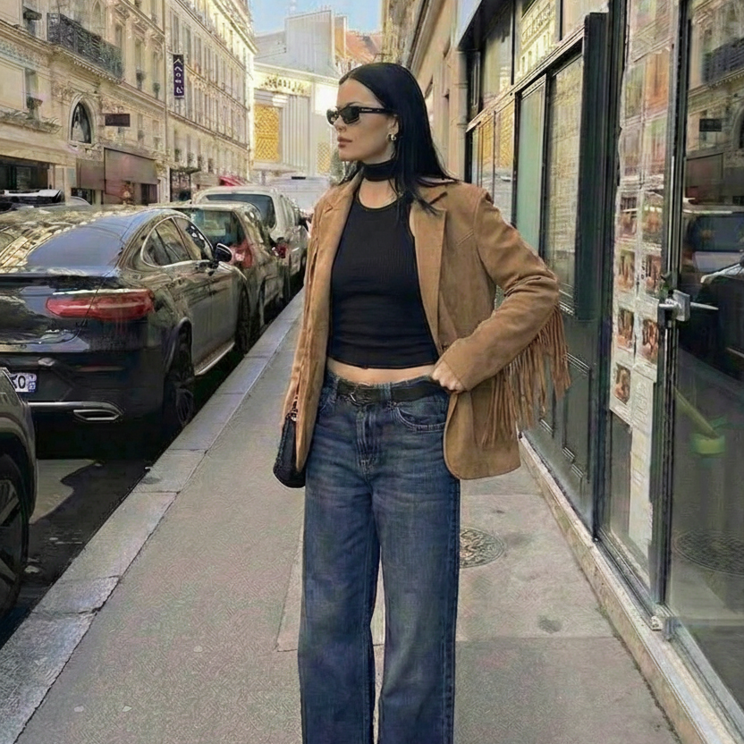 Blazer Effetto Camoscio con Frange