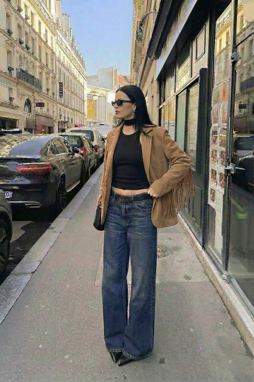 Blazer Effetto Camoscio con Frange