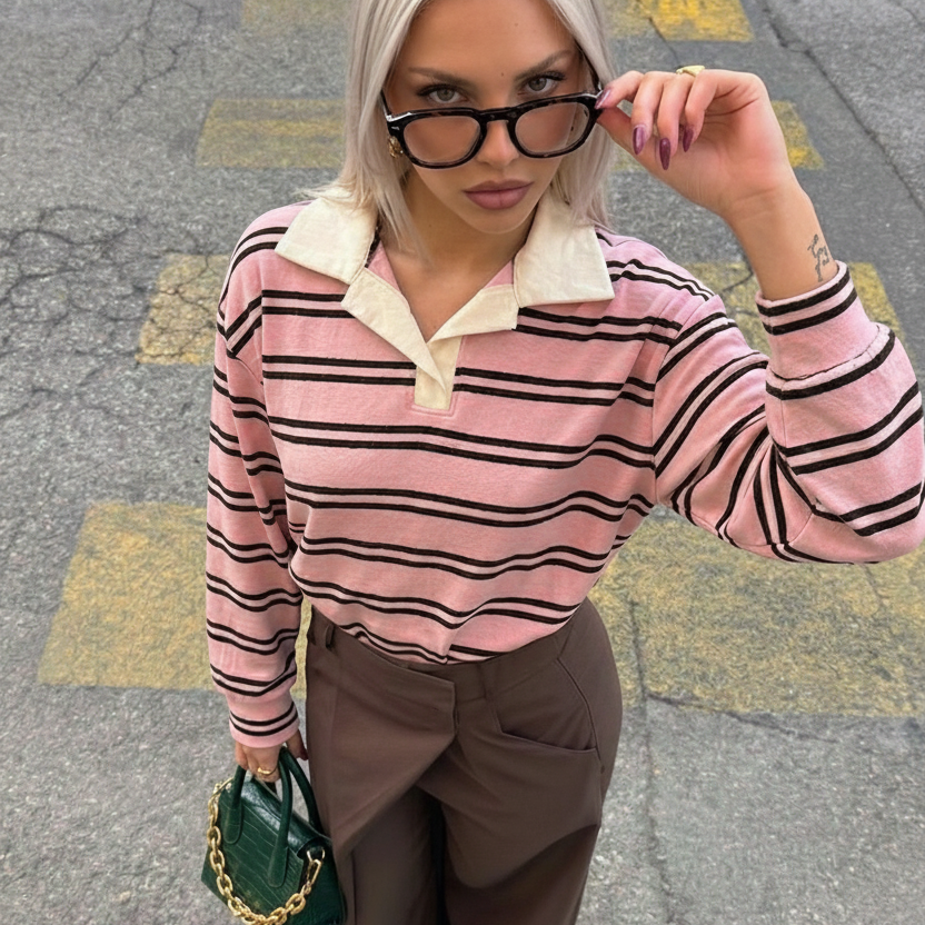 Maglietta Preppy Rose a Righe in Puro Cotone