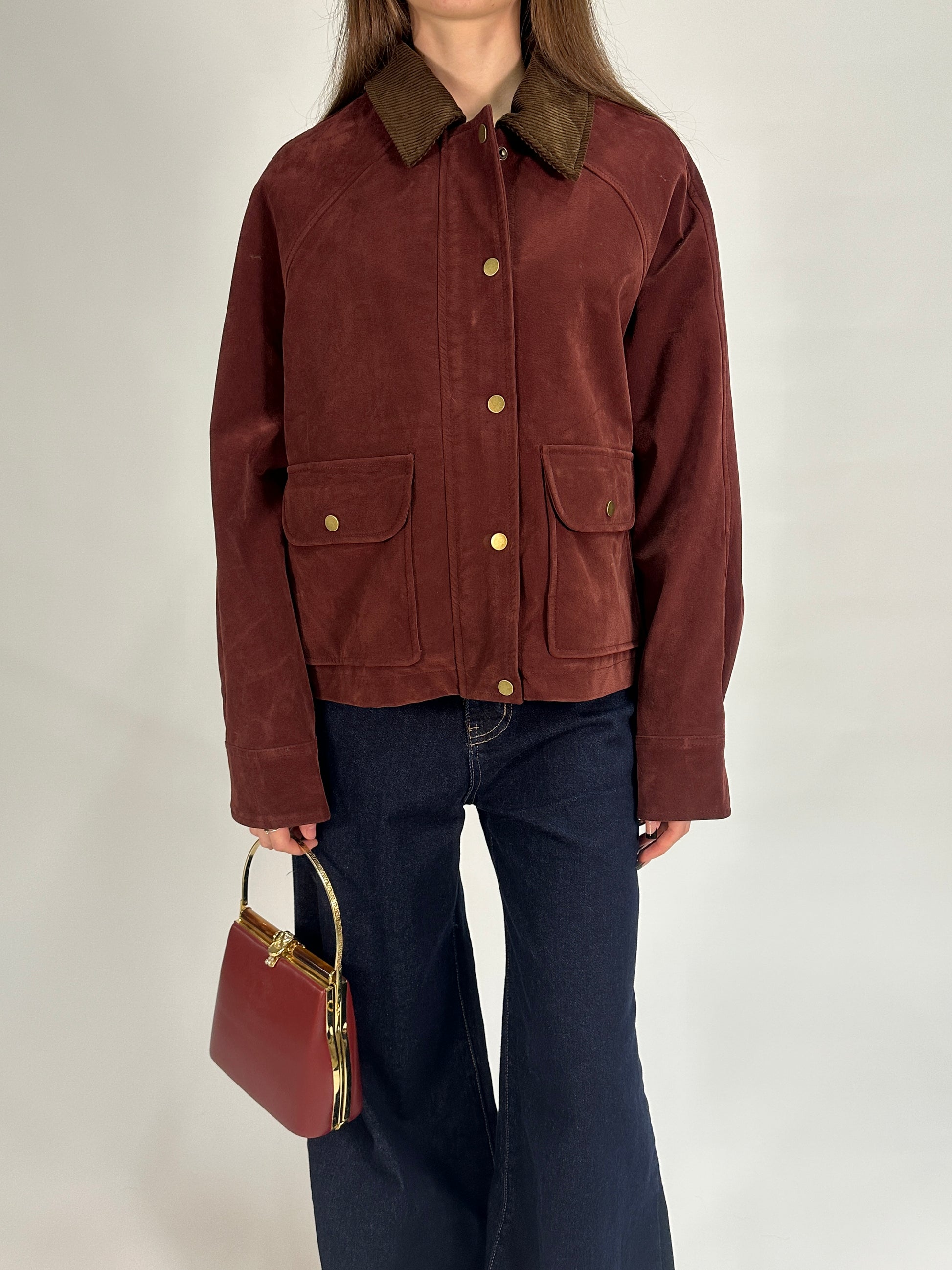 Giacca in Tessuto Cerato con Colletto in Velluto