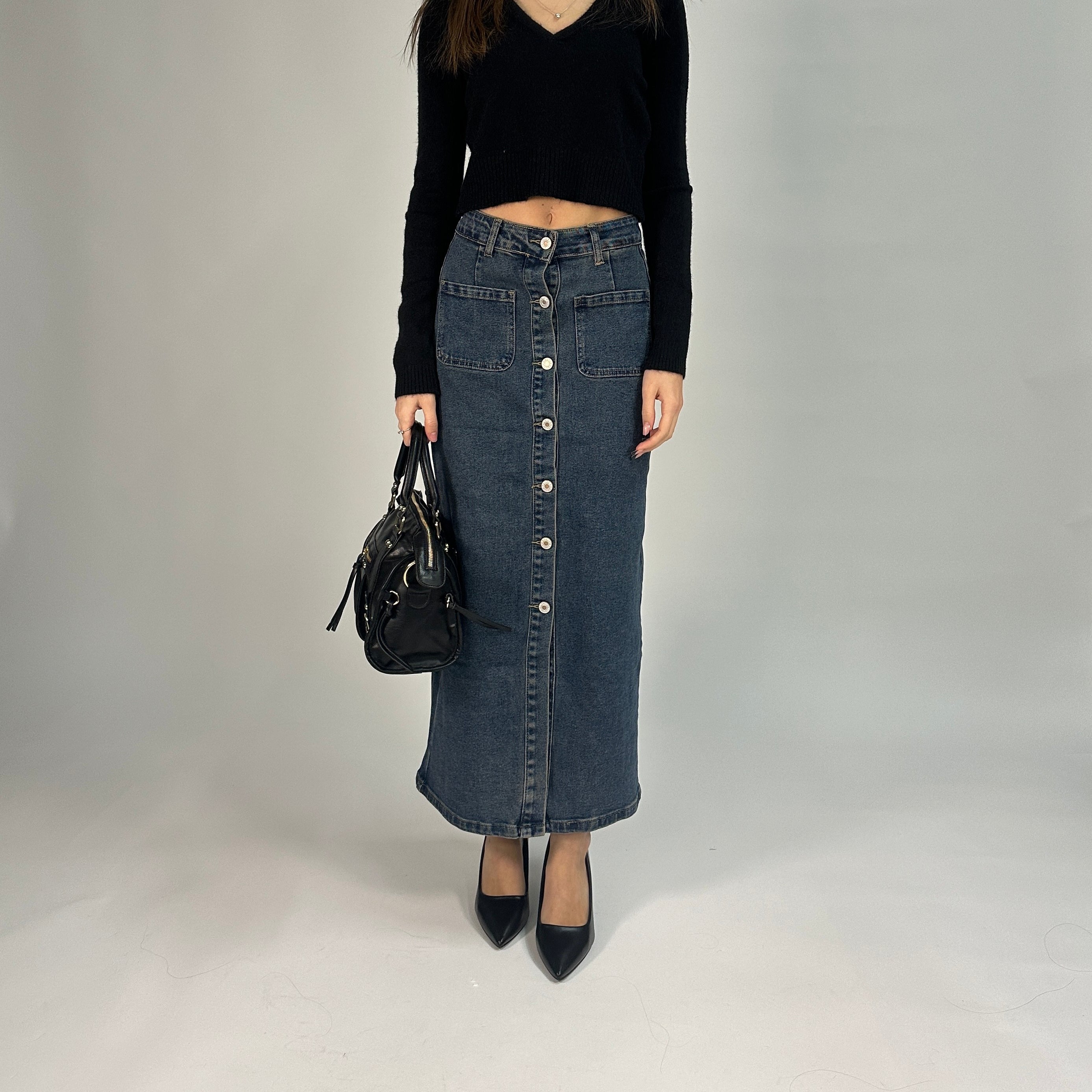 Gonna Lunga in Denim con Bottoni Frontali