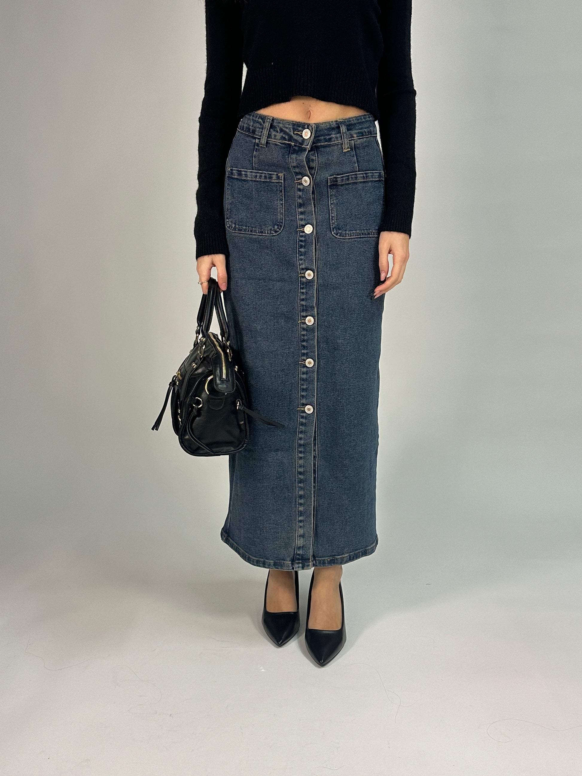 Gonna Lunga in Denim con Bottoni Frontali