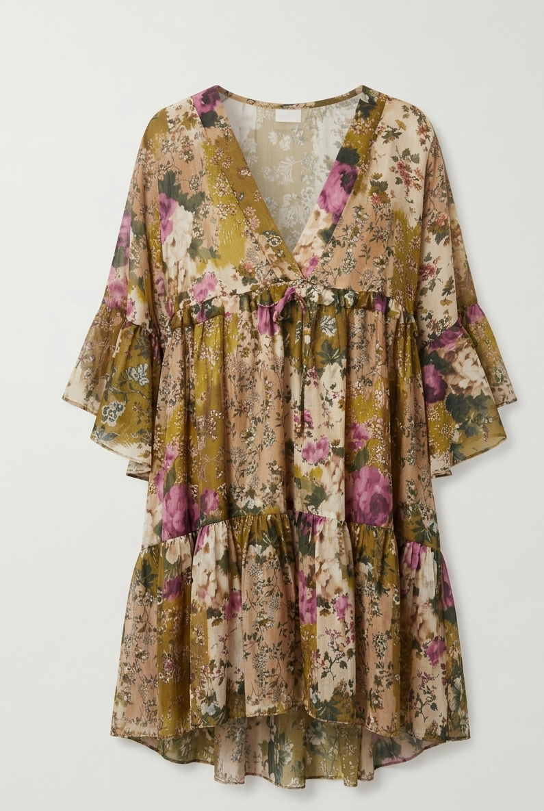 Abito Corto Floreale in Tencel a Balze