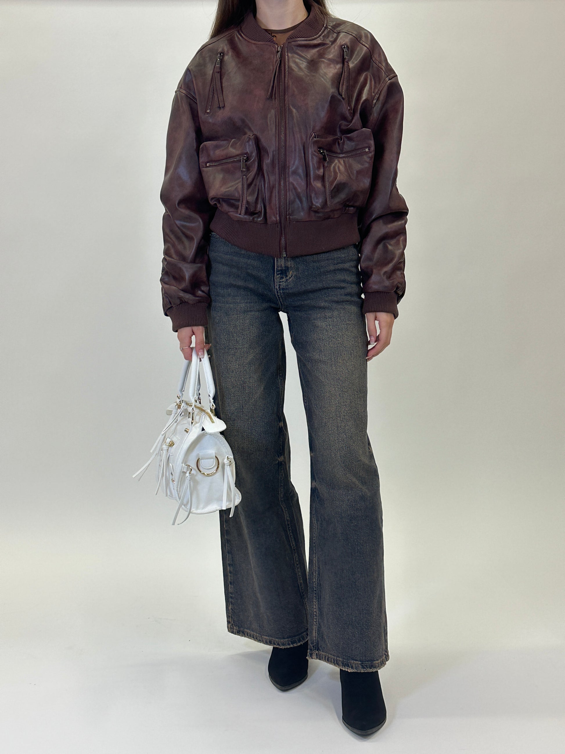 Giacca Bomber Bordeaux in Ecopelle Vintage