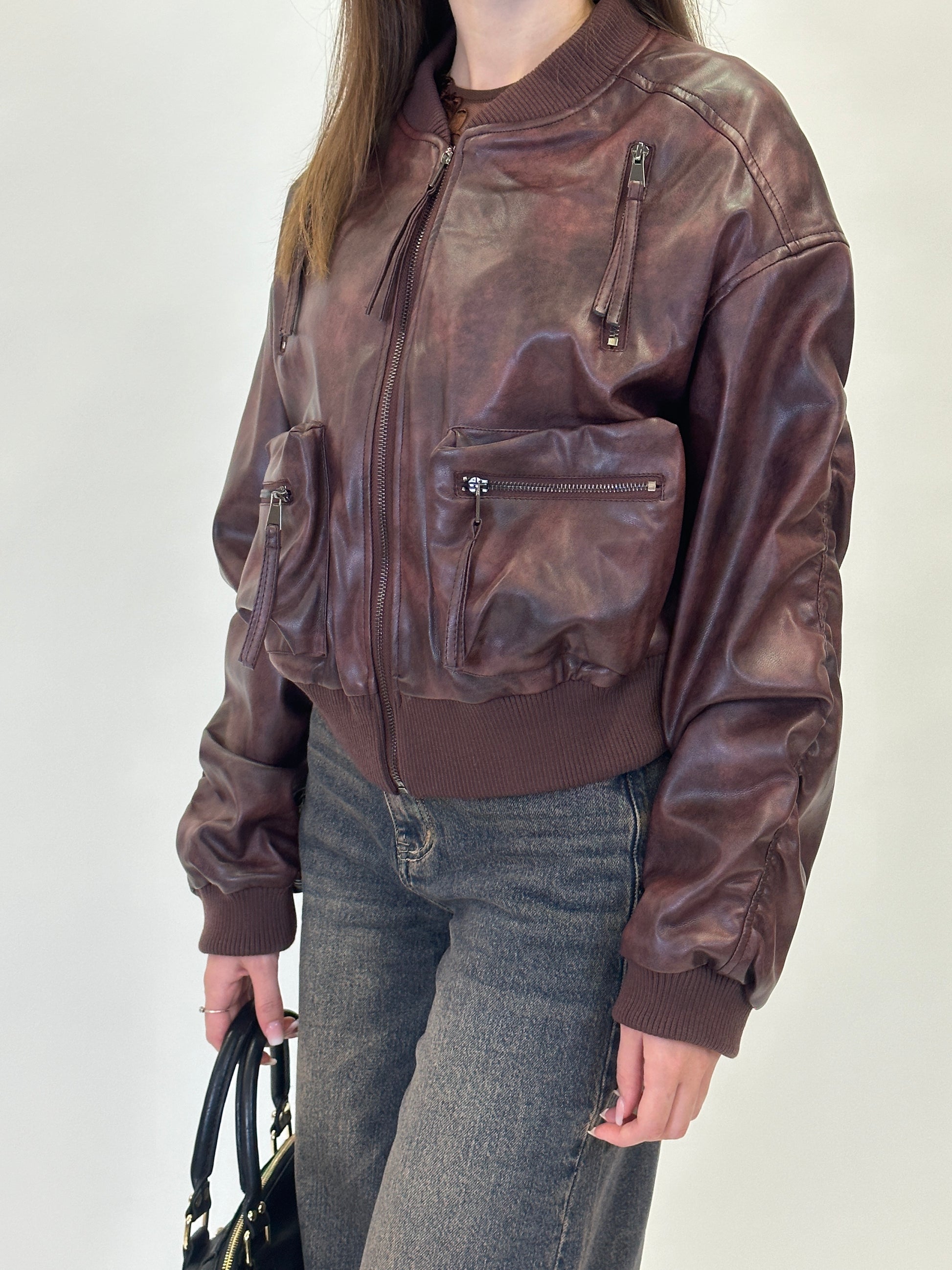 Giacca Bomber Bordeaux in Ecopelle Vintage