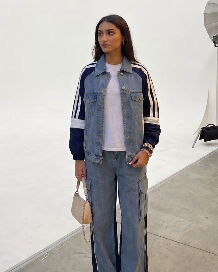Tuta Coordinata Denim e Tessuto Bicolore