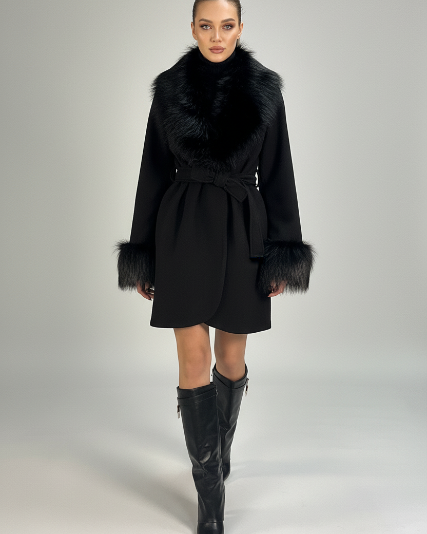 Beautiful model in black fur-trimmed coat