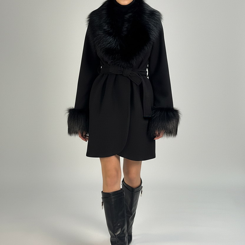 Beautiful model in black fur-trimmed coat