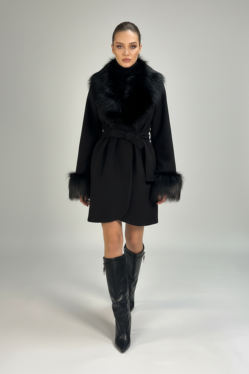 Beautiful model in black fur-trimmed coat