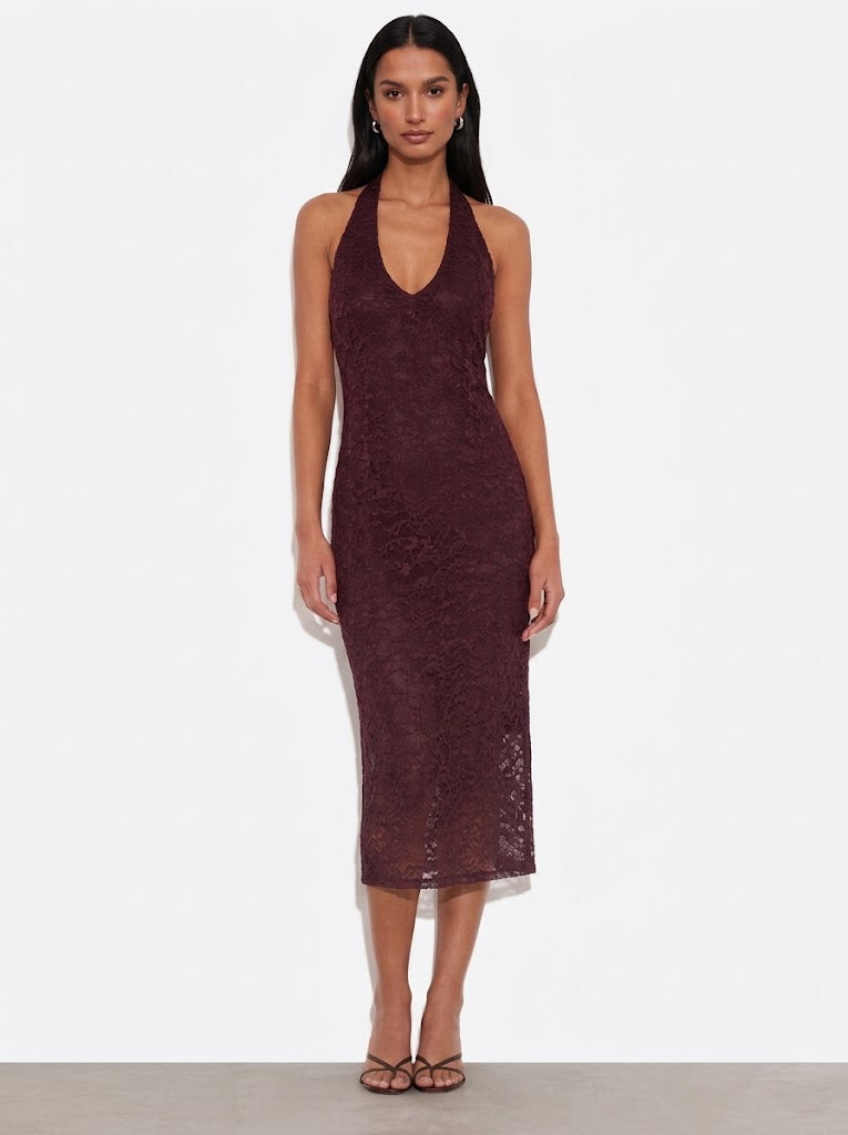 Abito Midi in Pizzo Bordeaux