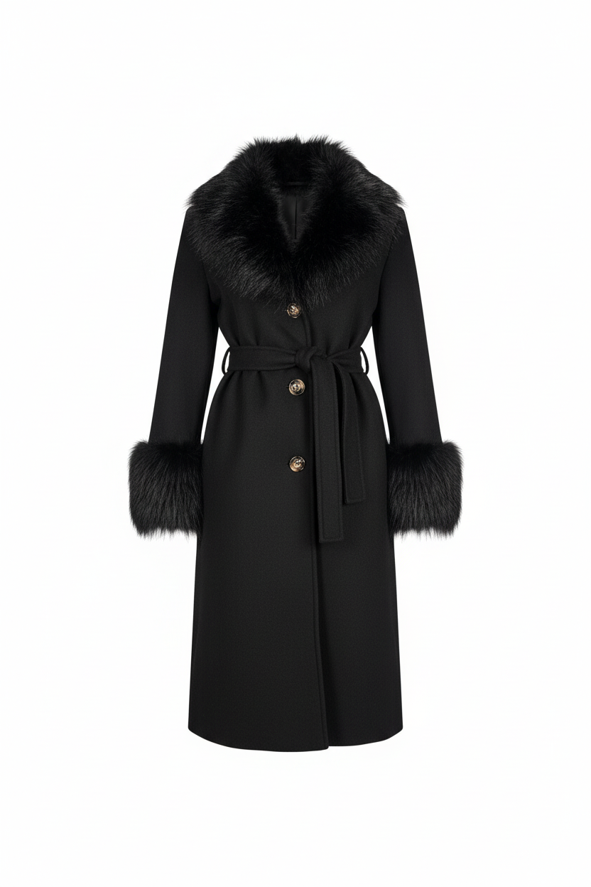 Cappotto nero con pelliccia - sfondo bianco