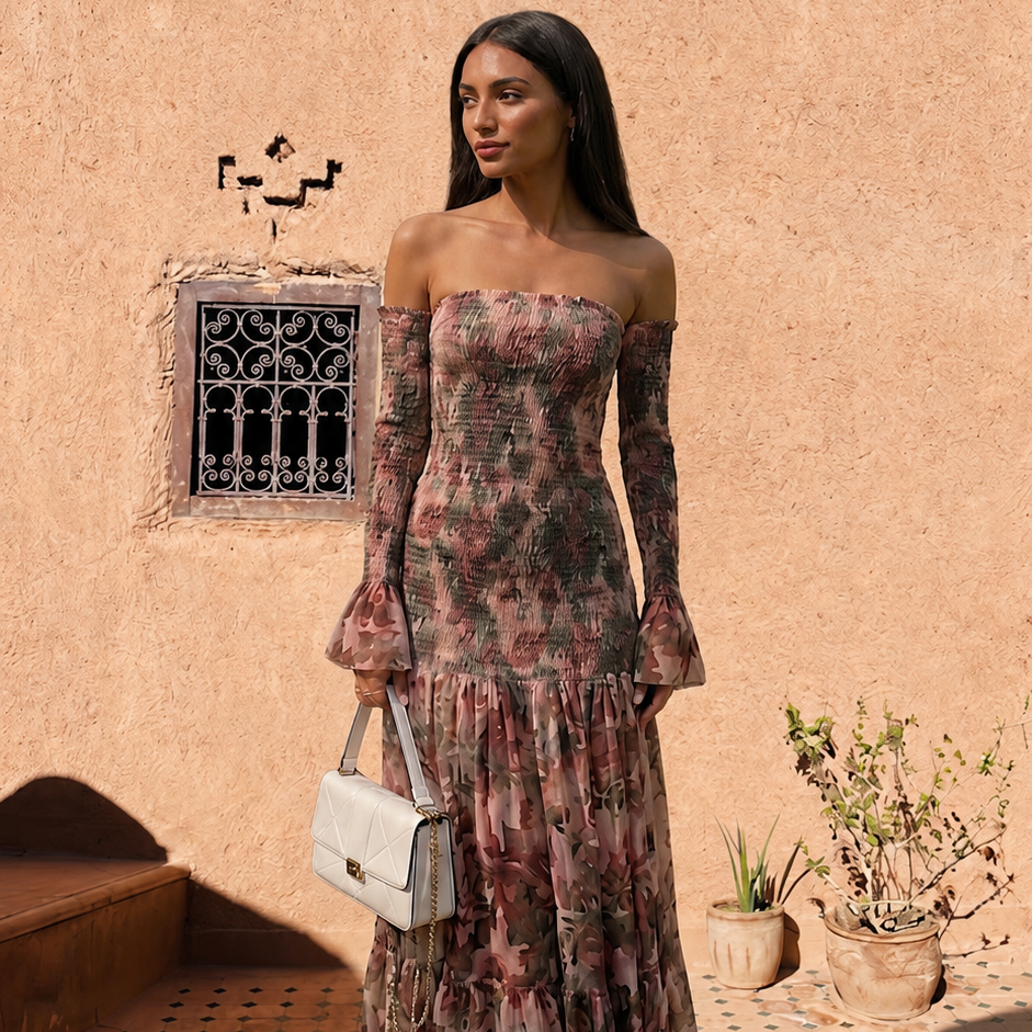 Abito Lungo Floreale con Scollo Bardot Elegante