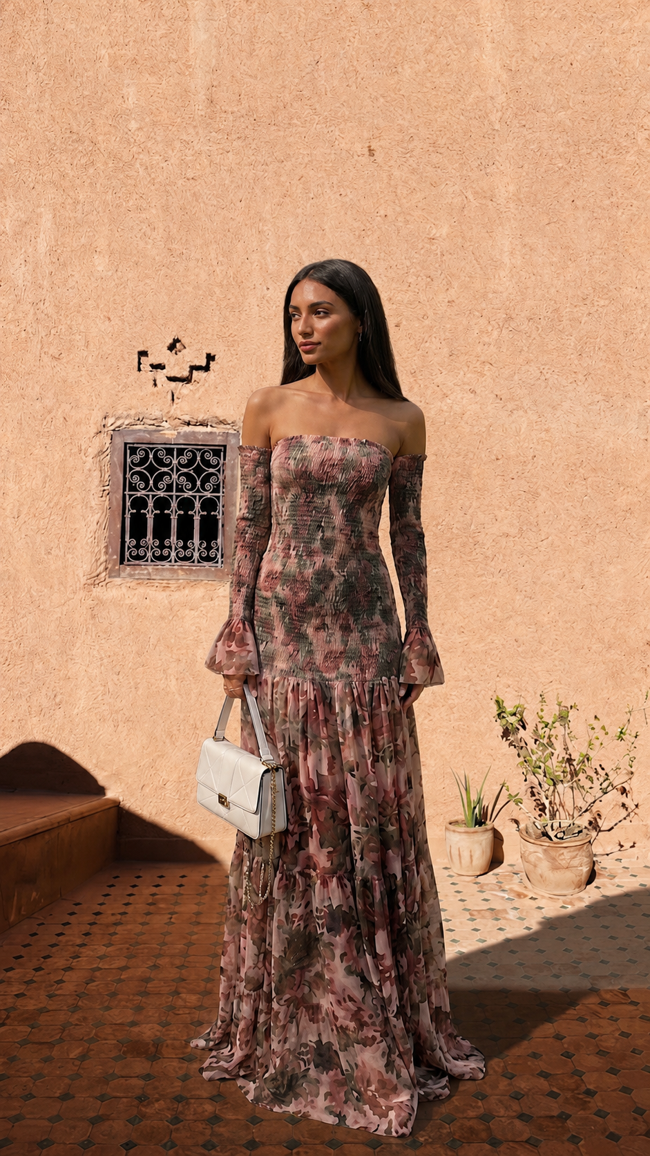 Abito Lungo Floreale con Scollo Bardot Elegante