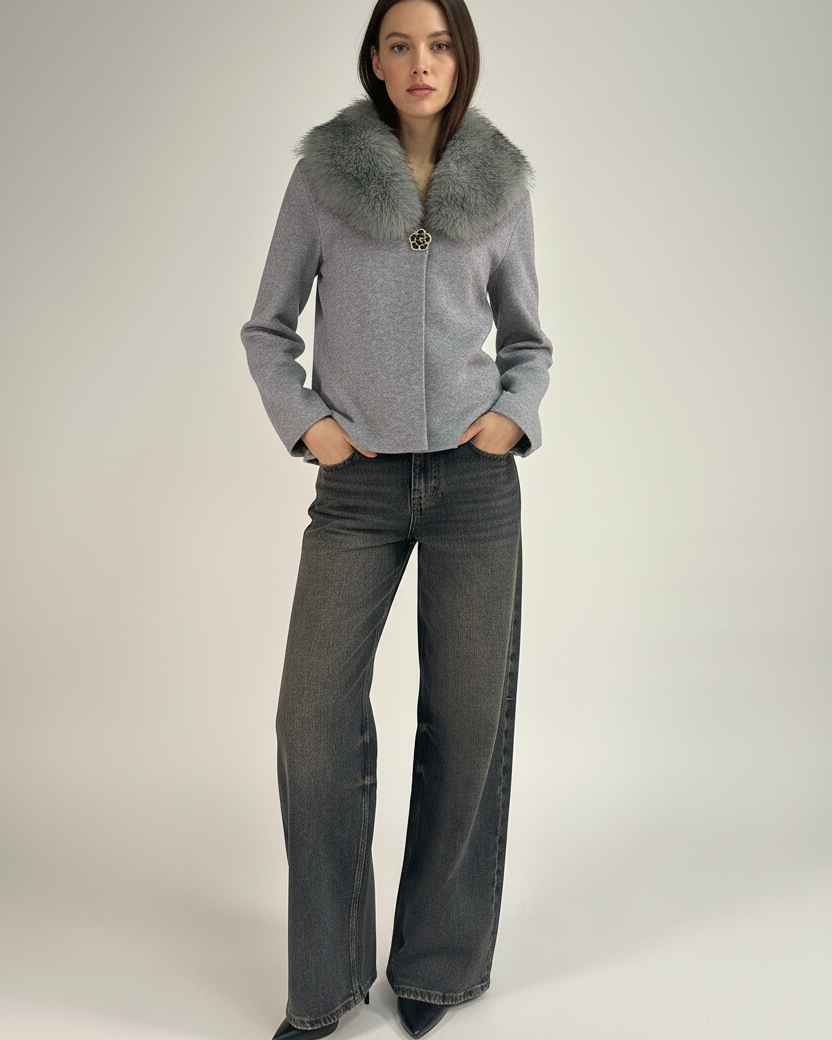 Giacca grigia con pelliccia - modella
