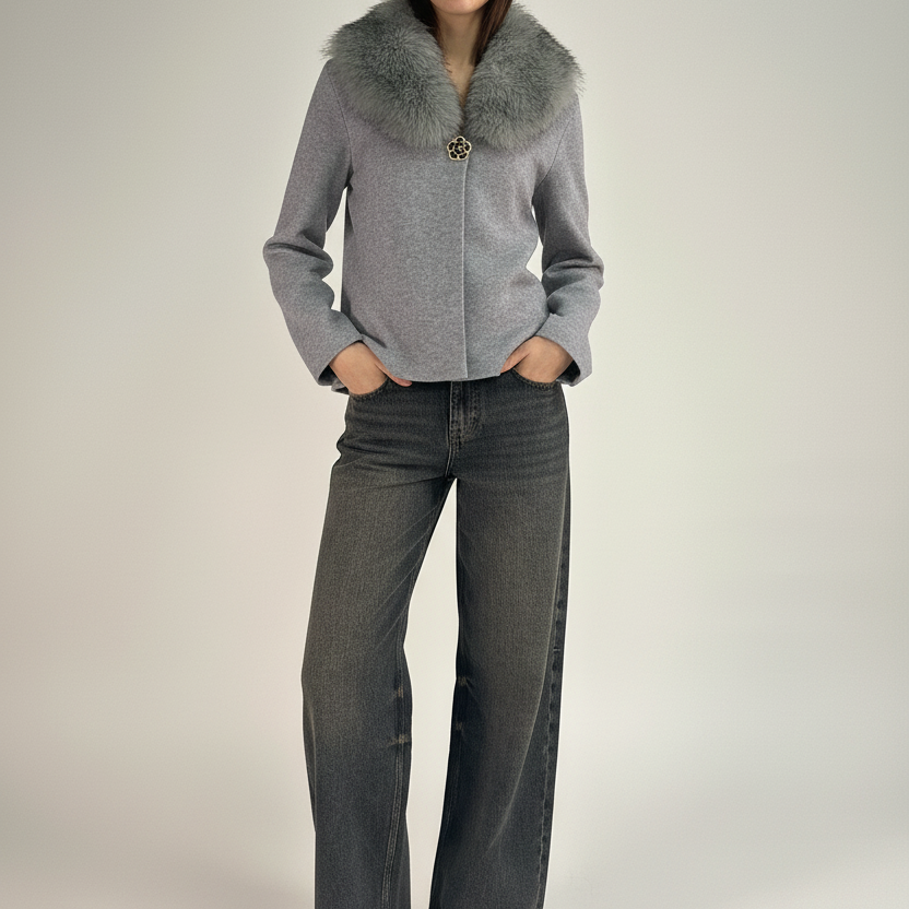 Giacca grigia con pelliccia - modella