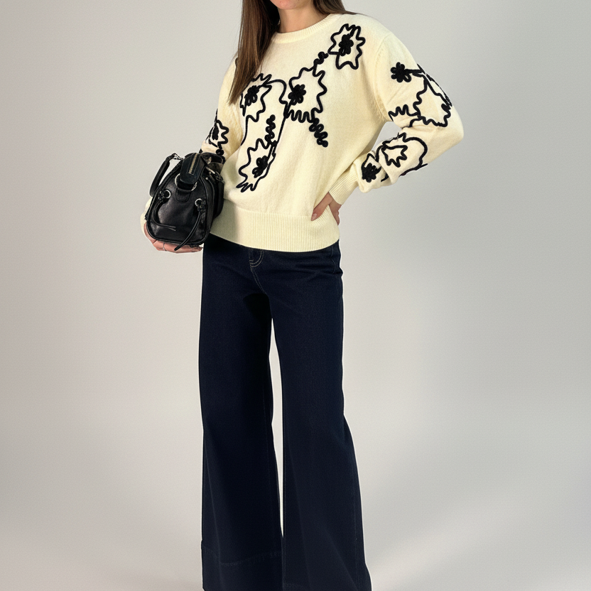 Maglione crema con posa elegante