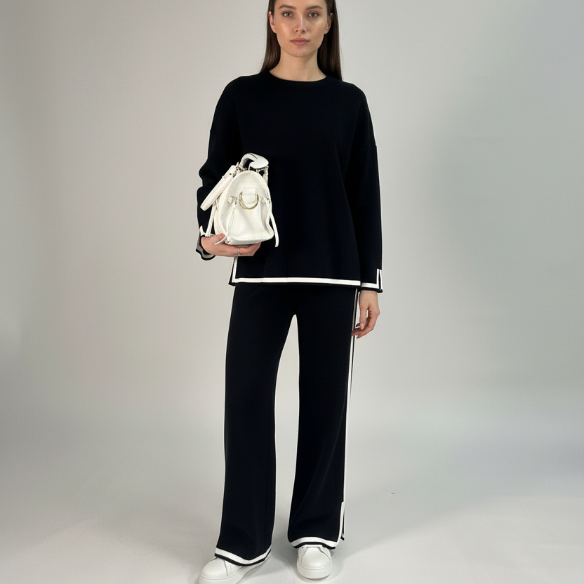 Outfit con modella su sfondo grigio