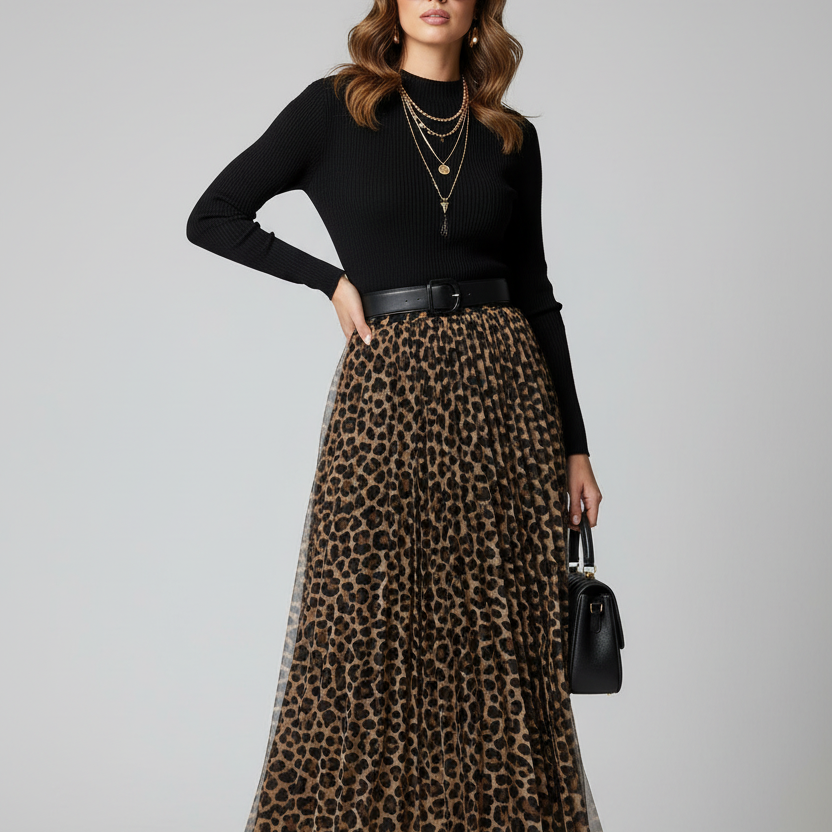 Gonna Midi Plissé Leopard