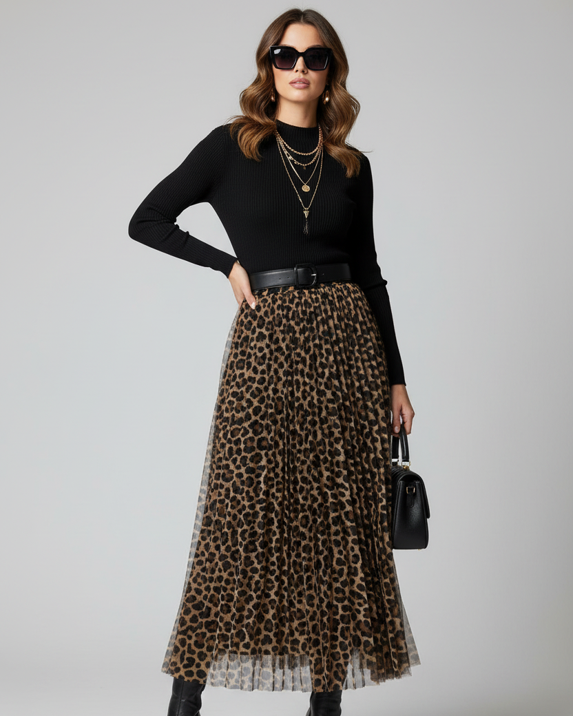 Gonna Midi Plissé Leopard